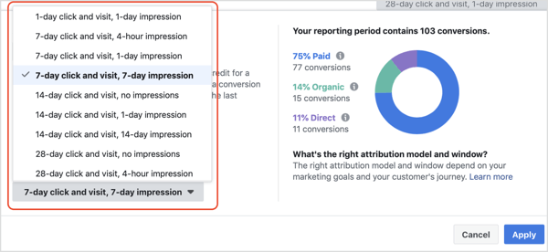 Lista rozwijana okna atrybucji w narzędziu atrybucji Facebooka