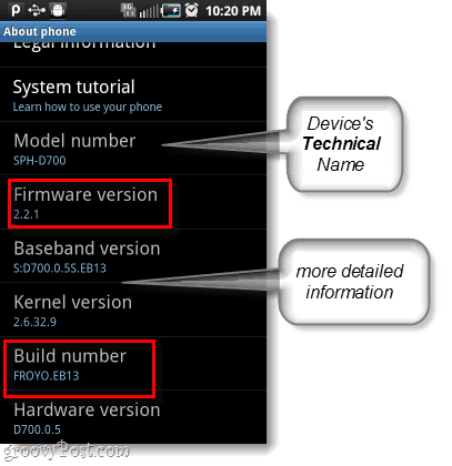 oprogramowanie układowe i numer wersji Androida, a także numer modelu
