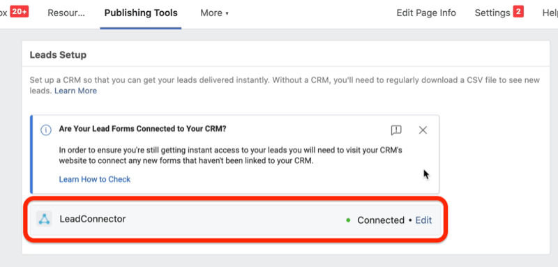 facebook lead ads możliwość podłączenia leadconnector w menu ustawień leadów na karcie narzędzi do publikowania, aby umożliwić Twojemu CRM natychmiastowy dostęp do potencjalnych klientów Twojej kampanii reklamowej