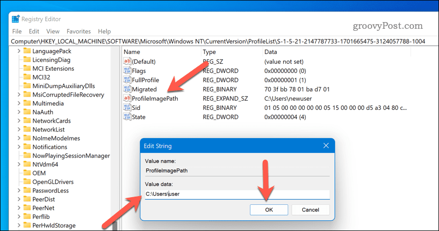 Zmień nazwę ścieżki profilu użytkownika w systemie Windows 11 regedit