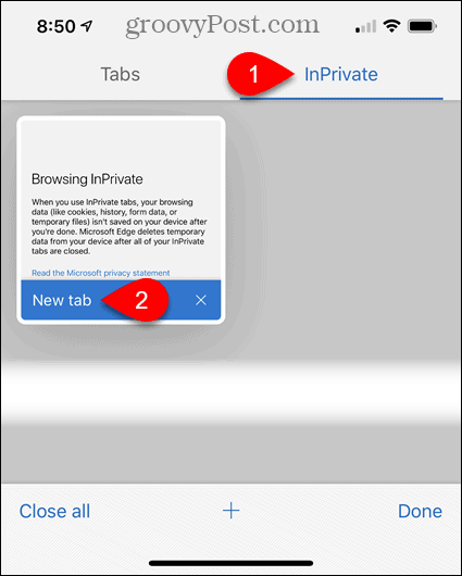 Stuknij opcję InPrivate, a następnie stuknij opcję Nowa karta w Edge na iOS