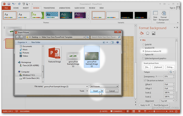 Szablon pakietu Office 2013 Utwórz Utwórz projekt niestandardowy POTX Dostosuj slajdy Samouczek Jak sformatować tło Import obrazu niestandardowego obrazu