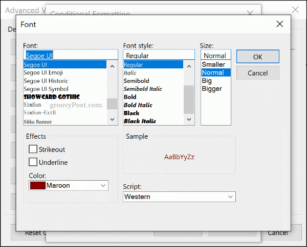 Wybierz reguły czcionek formatowania warunkowego w programie Outlook