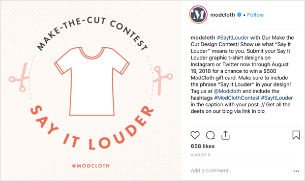 ModCloth poprosił użytkowników Instagrama o udostępnienie własnych projektów w oryginalnych postach i zaoferował hojną zachętę (proporcjonalną do zadania): szansę na wygranie karty podarunkowej o wartości 500 USD.