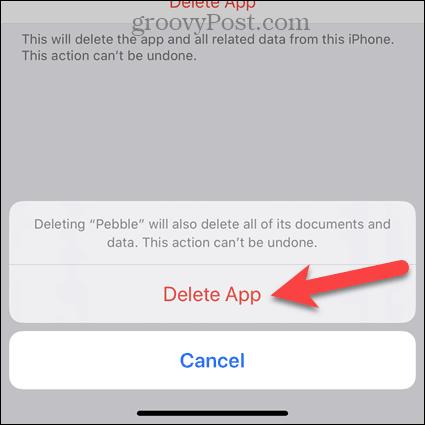 Stuknij opcję Usuń aplikację w oknie dialogowym potwierdzenia iPhone'a