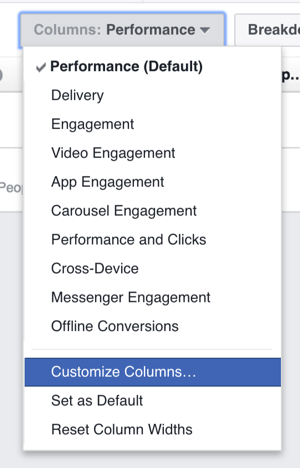 Możesz dostosować kolumny wyświetlane w tabeli wyników reklam na Facebooku.
