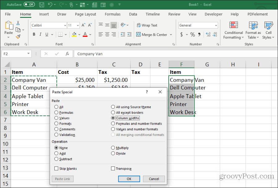 wklejanie szerokości kolumn w programie Excel