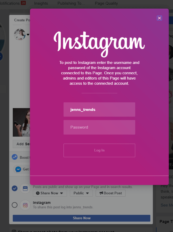 Jak przesyłać posty na Instagram z Facebooka na komputerze, krok 4, zaloguj się do Instagrama