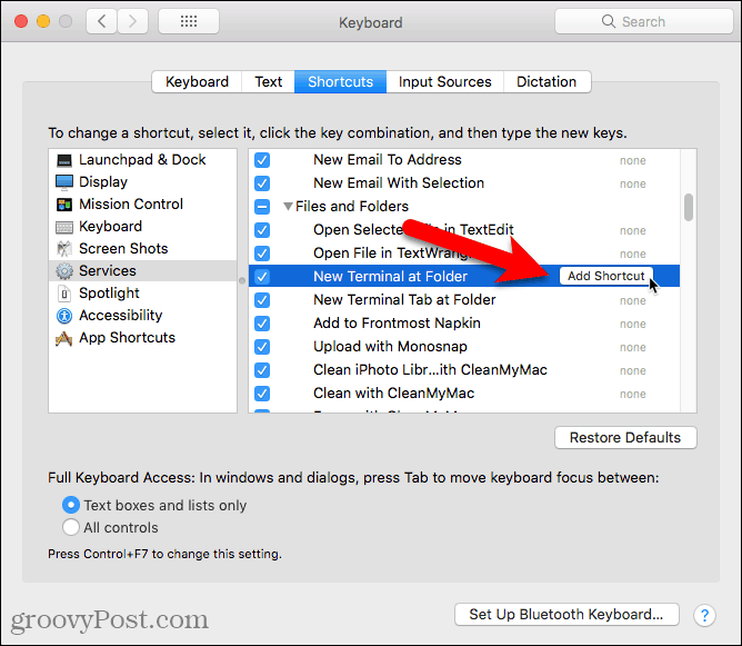 Kliknij Dodaj skrót do nowego terminala w usłudze Folder na komputerze Mac