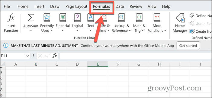 menu formuł programu Excel