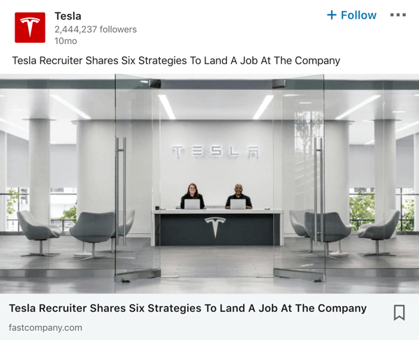 Przykładowy post na stronie firmy Tesla LinkedIn.