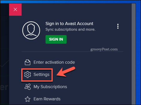 Otwieranie menu ustawień Avast