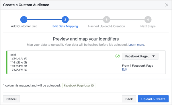 Gdy importujesz listę subskrybentów bota Messengera, aby utworzyć niestandardową grupę odbiorców, Facebook mapuje ich numer identyfikacyjny użytkownika Facebooka, który jest powiązany z ich profilem.