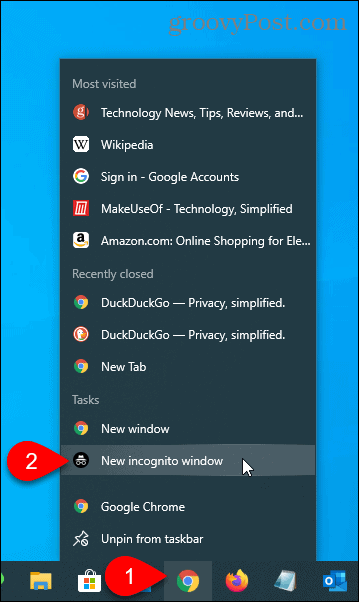 Wybierz Nowe okno incognito dla Chrome na pasku zadań