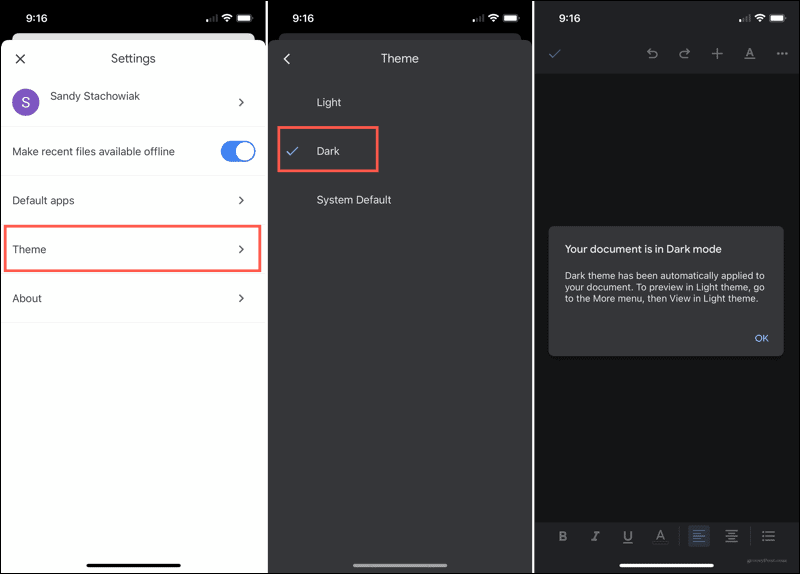 Włącz tryb ciemny w Dokumentach Google na iPhonie
