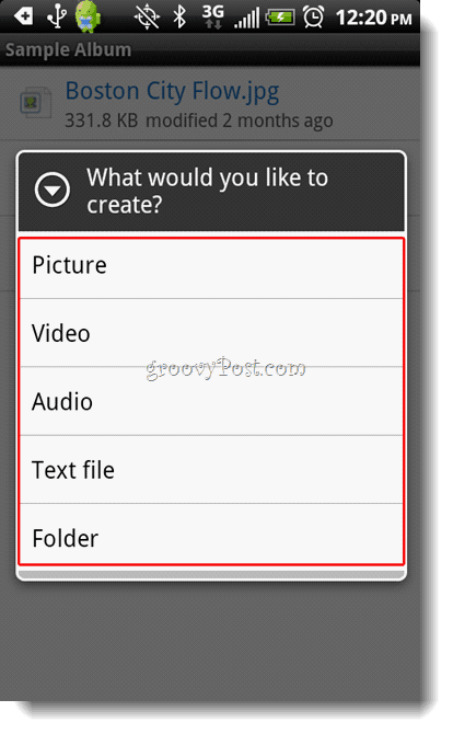 Android Utwórz menu Dropbox
