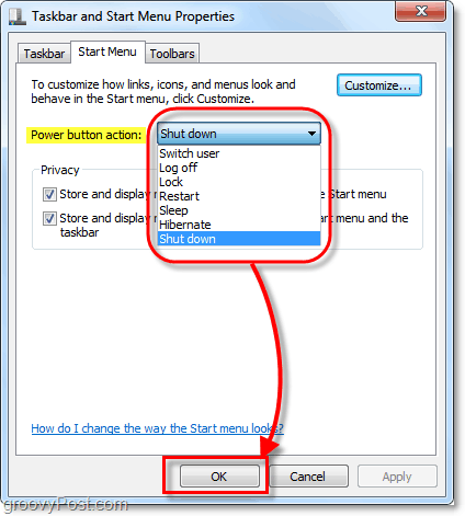 zmień działanie przycisku zasilania menu Start w Windows 7