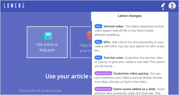 Kliknij menu powiadomień, aby przeczytać o najnowszych zmianach i ulepszeniach w Lumen5.