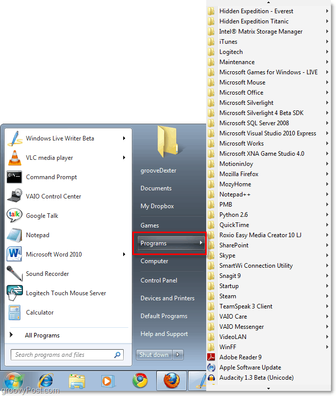 menu startowe systemu Windows 7 z klasycznym XP Wszystkie menu startowe programów