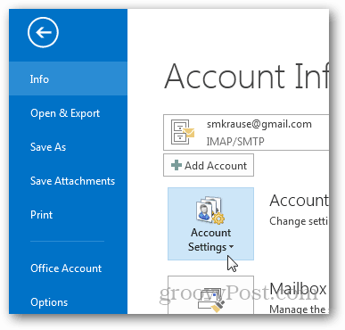 jak utworzyć plik pst dla programu Outlook 2013 - kliknij Ustawienia konta