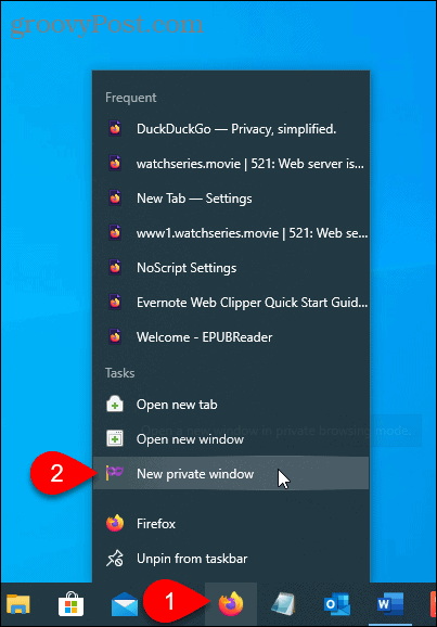 Wybierz Nowe okno prywatne w przeglądarce Firefox na pasku zadań
