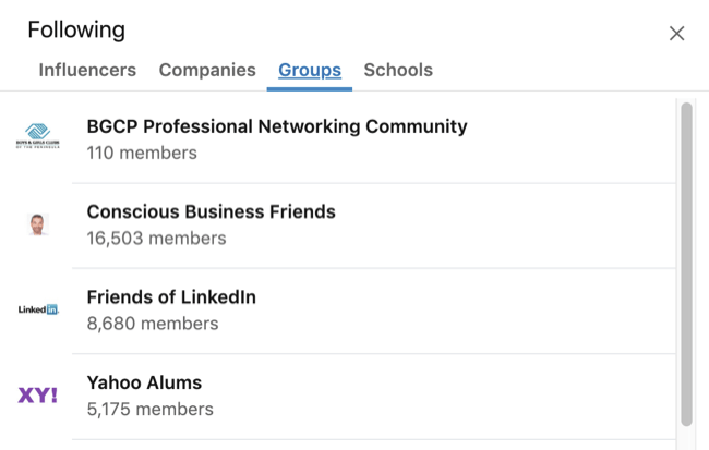 Profil LinkedIn rozwinął pole Zainteresowania z wybraną zakładką Grupa