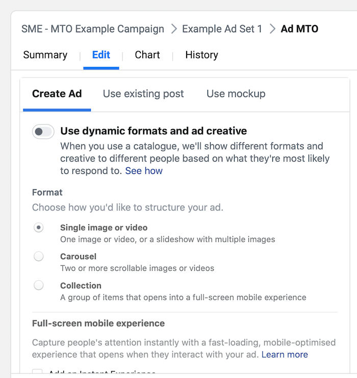 instrukcja krok po kroku tworzenia kampanii na Facebooku z wieloma opcjami tekstowymi
