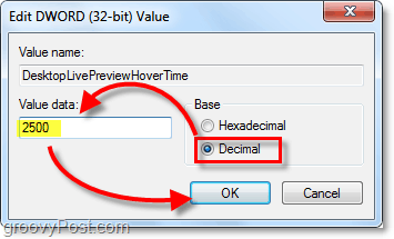 dostosuj właściwości dword do wartości dziesiętnych i wartości danych do 2500 dla Windows 7 DesktopLivePreviewHoverTime