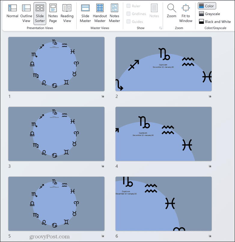 Widok sortowania slajdów programu Powerpoint