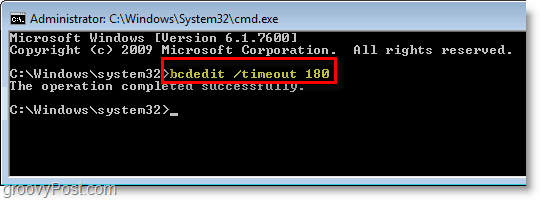 Zrzut ekranu systemu Windows 7 - wpisz bcdedit / timeout 180 w cmd