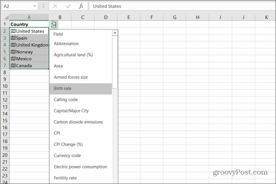 wybieranie danych geograficznych kraju w programie Excel