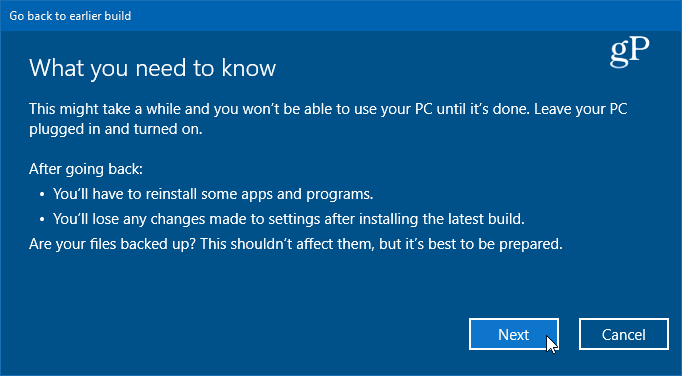 szczegółowe informacje na temat przywracania poprzedniej wersji systemu Windows 10