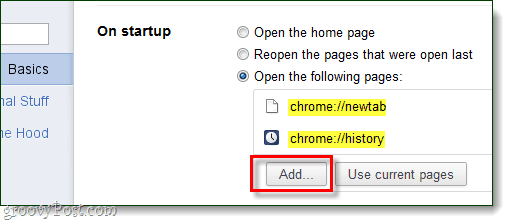 Uruchamianie Chrome Dodaj strony, aby otworzyć