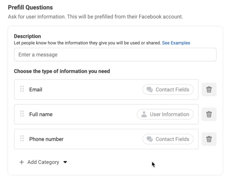 Reklamy potencjalnych klientów na Facebooku tworzą nową opcję formularza kontaktowego, aby dodać pytania wstępne z przykładami użytych adresów e-mail, imienia i nazwiska oraz numeru telefonu