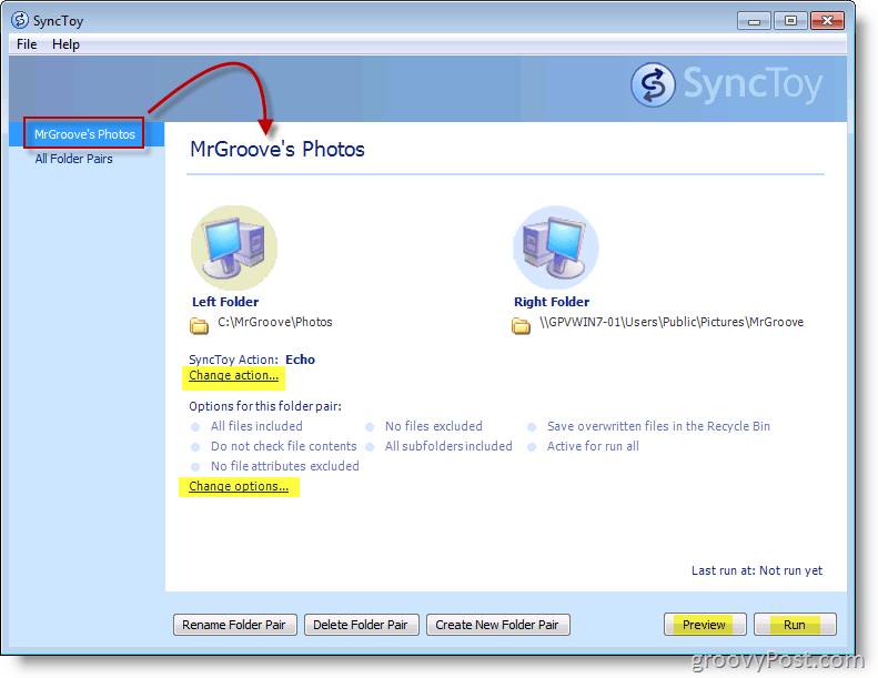 Zrzut ekranu głównego menu Microsoft SyncToy