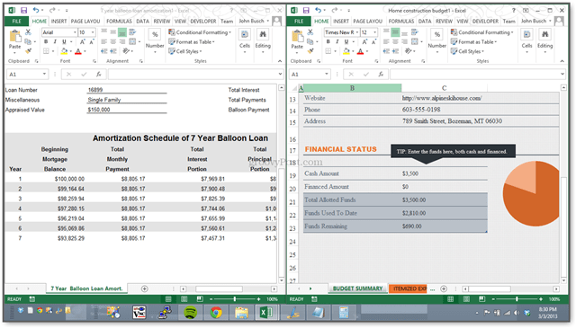 Nowy! Excel 2013 umożliwia przeglądanie arkuszy kalkulacyjnych obok siebie w osobnych systemach Windows