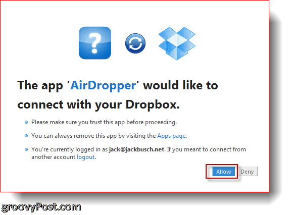 AirDropper Dropbox - podłącz aplikację do Dropbox
