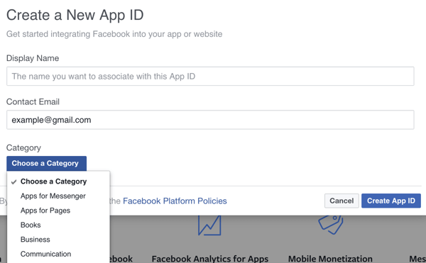 Podaj szczegóły nowej aplikacji Facebook.