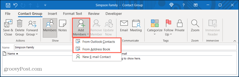 Dodaj członków do nowej grupy kontaktów w Outlooku