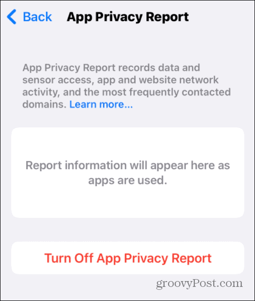 Raport dotyczący prywatności aplikacji jest uruchomiony