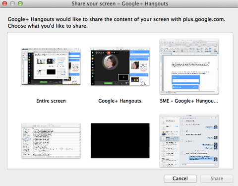 opcje udostępniania ekranu w Google + Hangouts