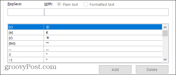 Zamienniki w programie Word w systemie Windows