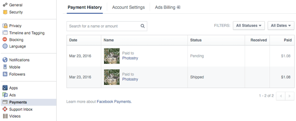 klienci przeglądają zamówienia w sekcji płatności w ustawieniach facebooka