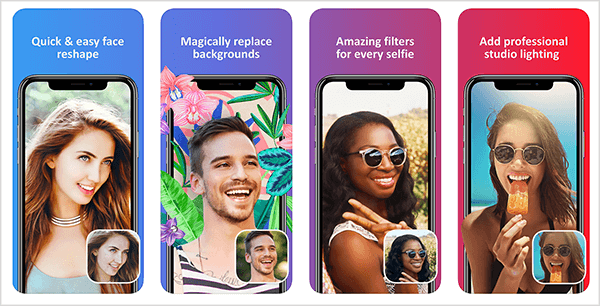 Facetune 2 to łatwy sposób na poprawienie swoich selfie. Podgląd iTunes App Store pokazuje, jak aplikacja dostosowuje twarz, zastępuje tło, filtruje kolor i rozwiązuje problemy z oświetleniem.