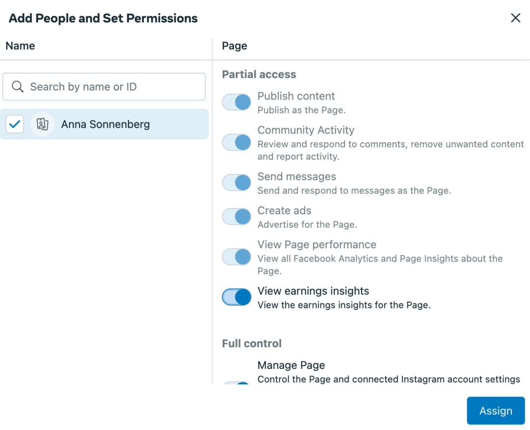 obraz ekranu App People i Set Permissions w Meta Business Suite