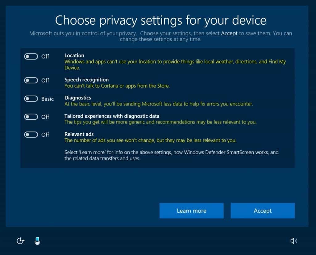 Windows 10, Prywatność, Aktualizacja twórców, OOBE