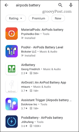 Lista aplikacji statusu AirPods innych firm w sklepie Google Play
