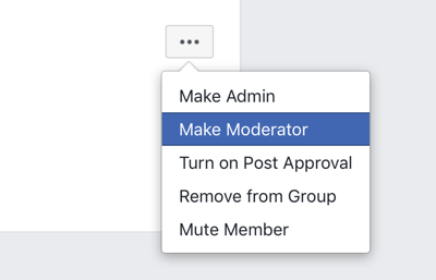 Jak ulepszyć społeczność grupy na Facebooku, opcja menu grupy na Facebooku, aby uczynić członka moderatorem 
