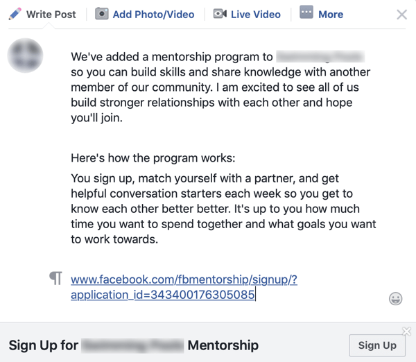 Jak ulepszyć swoją społeczność grupową na Facebooku, przykład ogłoszenia grupowego dla programu mentorskiego na Facebooku