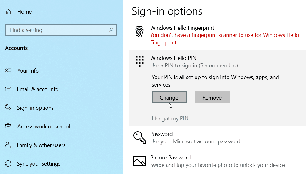 zmień dodaj PIN Windows 10
